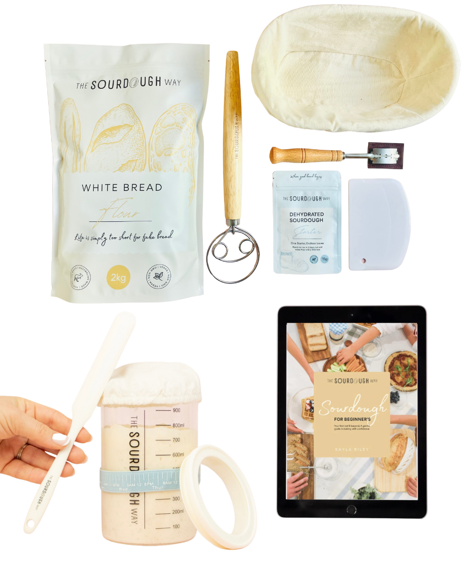 Complete sourdough starter kit with banneton basket, bread flour, starter jar set with temperature sticker, dough whisk, bread lame, bench scraper and ebook guide for Australian bakers