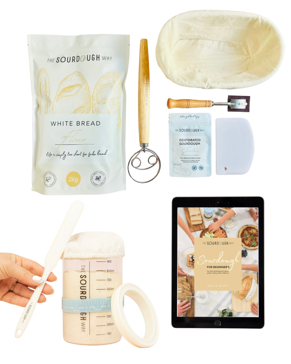 Complete sourdough starter kit with banneton basket, bread flour, starter jar set with temperature sticker, dough whisk, bread lame, bench scraper and ebook guide for Australian bakers