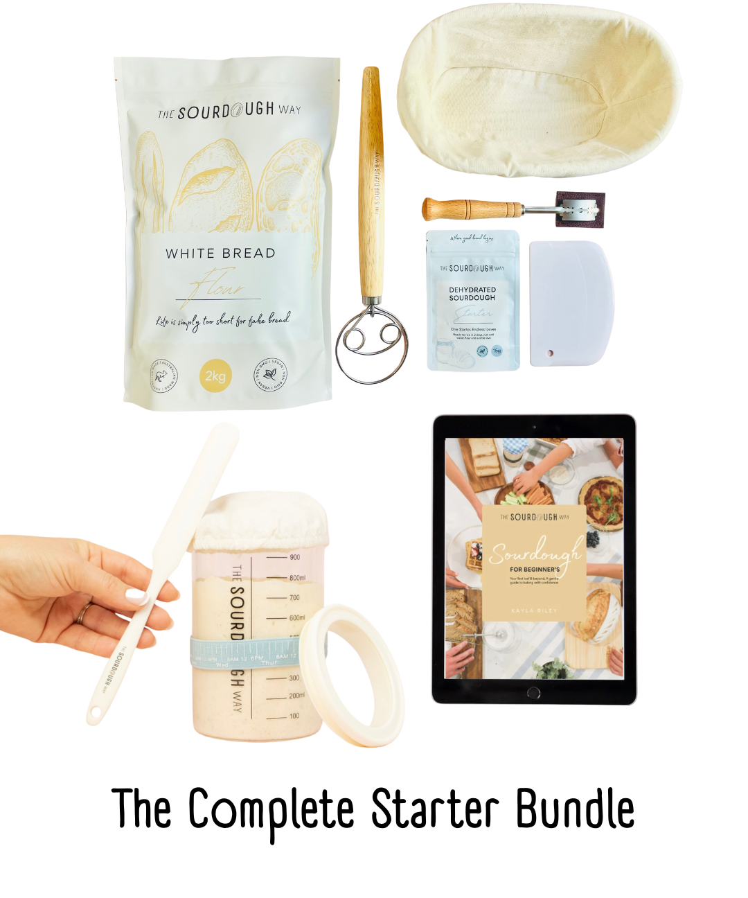 Complete sourdough starter kit with banneton basket, bread flour, starter jar set with temperature sticker, dough whisk, bread lame, bench scraper and ebook guide for Australian bakers