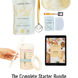Complete sourdough starter kit with banneton basket, bread flour, starter jar set with temperature sticker, dough whisk, bread lame, bench scraper and ebook guide for Australian bakers