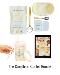 Complete sourdough starter kit with banneton basket, bread flour, starter jar set with temperature sticker, dough whisk, bread lame, bench scraper and ebook guide for Australian bakers